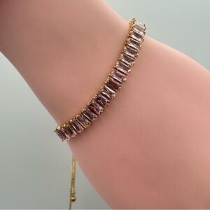 Adjustable Gold Tone Pink Cubic Zirconia Baguette Slider Bracelet New